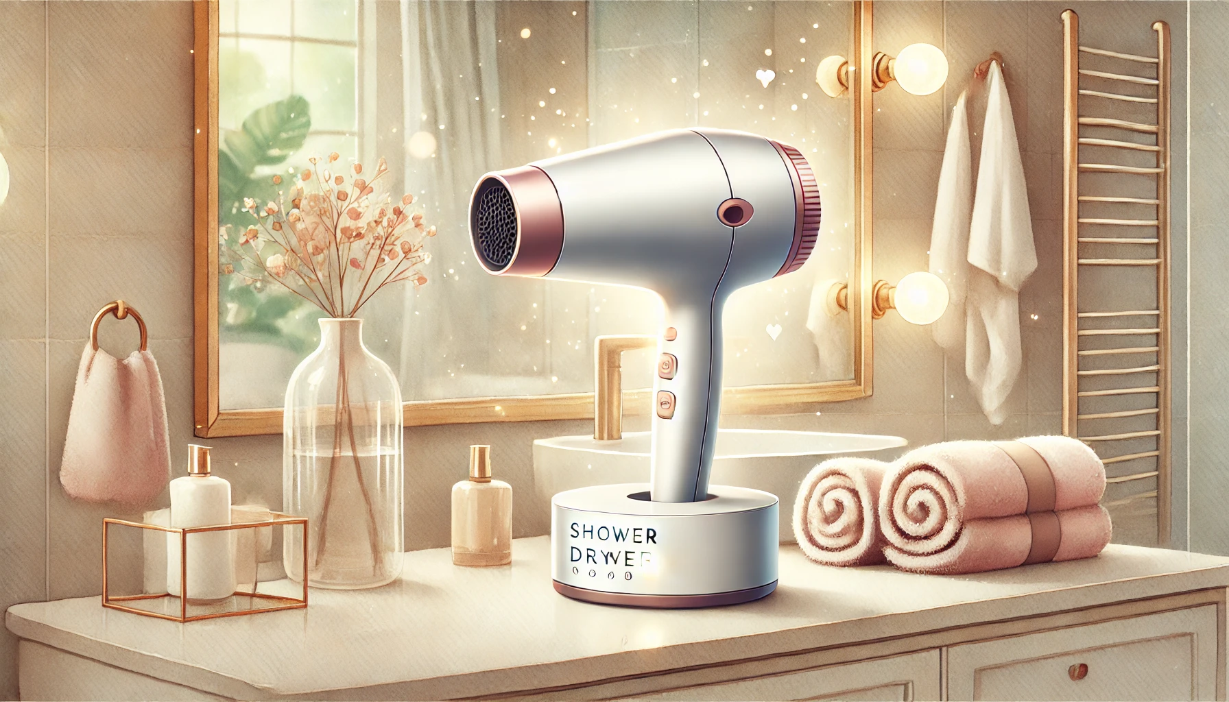 alt="水彩画風のモダンなバスルームに置かれたヘアドライヤーSHOWER DRYER。カウンター上にはスタイリッシュなドライヤーと柔らかいタオル、奥には観葉植物と鏡があり、温かみのある落ち着いた空間を演出している。"