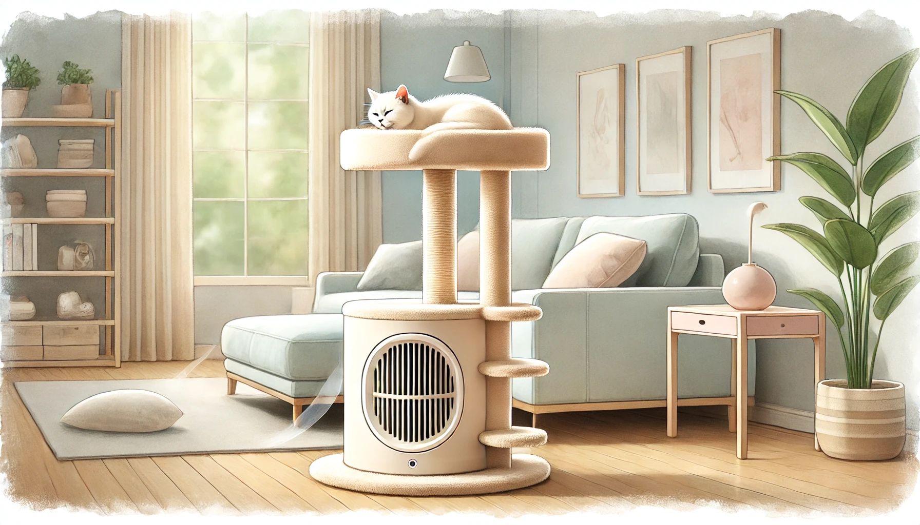 柔らかな水彩風に描かれた、ベージュの猫用キャットタワー型空気清浄機が置かれた明るいリビング。キャットタワーの上には猫がくつろいでおり、清潔な空気が塔の下部から静かに流れている様子が描かれている。木の床と淡い色の家具が並ぶ温かみのある空間。